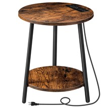 End Table With Charging Station, 2-Tier Round Side Table With Wooden Shelves, Mo - £72.95 GBP