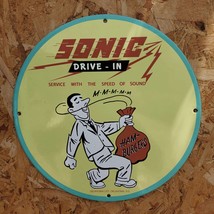 Vintage &#39;&#39;Sonic Drive-In&#39;&#39; Fast Food Restaurant Porcelain Gas &amp; Oil Pump Sign - £98.32 GBP