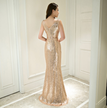 Sleeveless GOLD Sequin Dresses V Neck High Waist Sequin Maxi Dress Evening Gown  image 4