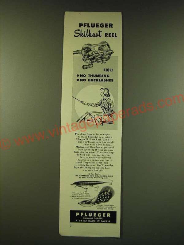 1950 Pflueger Ad - Skilkast Reel; Pal-O-Mine Minnow and Chum Spoon Weedless - $18.49