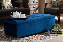 Eleri Navy Blue Velvet Fabric Upholstered Grid-Tufted Storage Ottoman Bench - $4,148.39 MXN