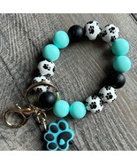 Paw Print Silicone and Wooden Bead Wristlet Keychain Bag Charm Teal - $24.99 CAD