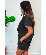 Black 2pcs Solid Textured Drawstring Shorts Set - $21.38
