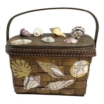 Vintage Caro Nan Brown  wooden woven basket purse adorned with Sea Shell... - £81.95 GBP