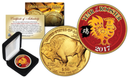 2017 YEAR OF THE ROOSTER Lunar CNY 24K Gold Clad Indian Buffalo Tribute ... - £6.73 GBP