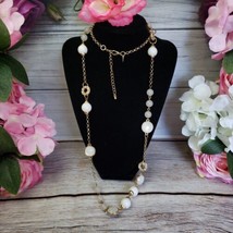 Charming Charlie White Lucite Beaded Gold Tone Chain Necklace Rhinestone Links - £13.29 GBP