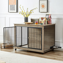 Furniture Style Dog Crate Side Table With Rotatable Feeding Bowl, Wheels, Three  - £222.68 GBP