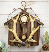 Rustic Stag Antlers On Cabin Log House Birdhouse Bird Feeder With Wire Hanger - £37.55 GBP