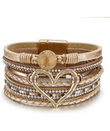 Punk Multilayer PU Leather Love Heart Shape Wide Wrap Bracelet Crystal M... - £43.61 GBP