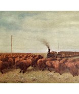 1961 Buffalo Herd Blocking Railway Train Railroad Print Card Antique Lit... - $34.99