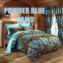 Powder Blue Camo 12 pc Queen size Comforter and Sheets pillowcases curtains set - £93.43 GBP