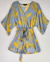 Lulus Romper Womens Small Blue Yellow Floral V Neck 3/4 Sleeve Front Tie - £23.35 GBP