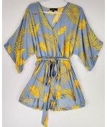 Lulus Romper Womens Small Blue Yellow Floral V Neck 3/4 Sleeve Front Tie - £23.29 GBP