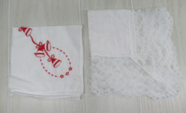 Vintage hankies handkerchiefs white wide lace border + red Christmas bel... - $7.20