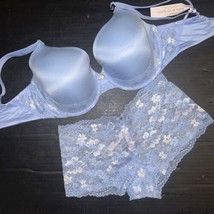 Victoria&#39;s Secret 32DDD Bra Set Xs Shortie Panty Blue Silver White Lace Body By - £63.45 GBP