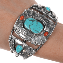 6.75&quot; Vintage Native American twisted silver wire coral and turquoise cuff - $446.99