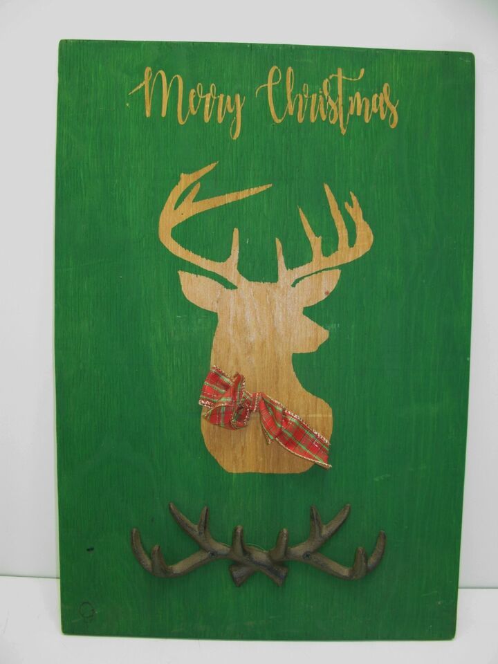 Handmade Wood Sign Merry Christmas Green Deer Buck Bow Metal Antlers Rac... - $8.56