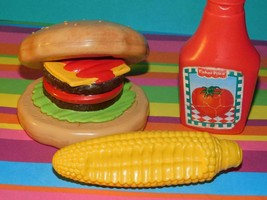Fisher Price Play food Lot Expandable Hamburger, corn on the cob, Ketchup bottle - £12.60 GBP