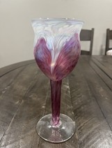 Ron Hinkle Hand Blown Art Glass Pink Iridescence Wine Goblet Signed 2005... - $128.69