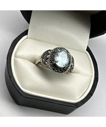 Art Deco 925 Sterling Silver Blue Aquamarine Marcasite Stone Ring SZ 9 - $2,343.36 MXN