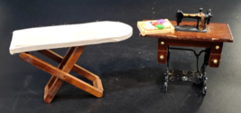 Dollhouse Miniature Sewing Table with Machine Fabric Thread and Ironing Board - £23.34 GBP