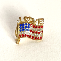 Love Over US American Flag Gold Tone Red White Blue Rhinestones Lapel Hat Pin - £11.98 GBP