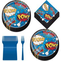 Live It Up! Party Supplies Blue Superhero Action Paper Dinner Plates, Lunch Napk - £10.74 GBP