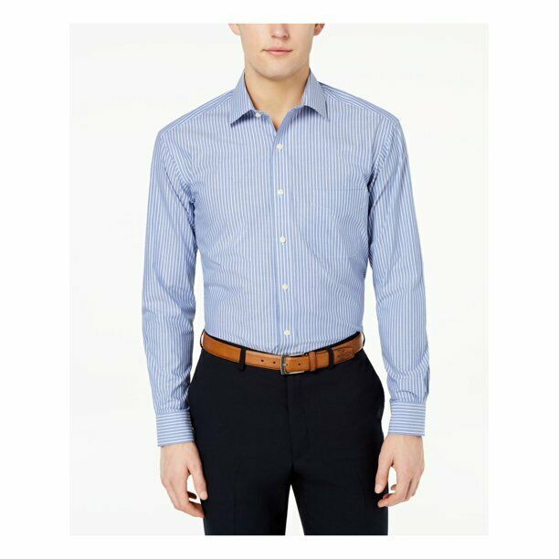 CLUB ROOM Mens Blue Pinstripe Collared Regular Fit Performance Dress Shi... - $10.40+