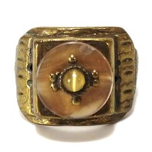 Antique Brass Steampunk Boho Ring with Tiger&#39;s Eye and Mother-of-Pearl Size 7.5 - £12.10 GBP