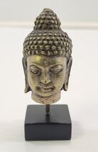 *B5) Vintage Shakyamuni Buddha Metal Head Bust Pedestal Figurine on Wood... - $49.49