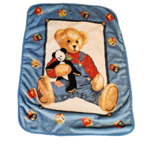 Blue Jean Teddy Bear Plush Fleece Baby Blanket Throw Panda &amp; Blocks VTG RARE HTF - £75.15 GBP