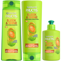 Fructis Sleek &amp; Shine Shampoo, Conditioner + Leave-In Conditioer Set for Frizzy, - £17.22 GBP
