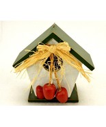 Ornamental Bird House, White w/Green Roof, Apples Hanging From Rope Bow,... - £15.48 GBP