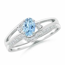 ANGARA Oval Aquamarine and Diamond Wedding Band Ring Set in 14K Solid Gold - £765.51 GBP