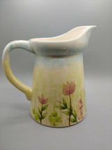Studio Art Hand Painted Ceramic Pitcher/Jug Flower Grass Sky Crazing 6.25&quot;H - £15.99 GBP
