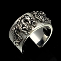 Sterling silver Band ring Two Asian Dragons Naga mythological animals high polis - £83.26 GBP