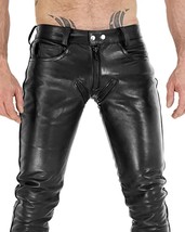 Mens Biker Jeans Real Black Soft Lambskin Leather Sleek And Sexy 501 Style Pants - £120.26 GBP