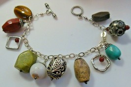 925 Sterling Silver Charm Bracelet W/Multi-color Gemstones 8&quot; - £53.60 GBP