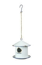 Weathered White Silo Design Hanging Metal Birdhouse With Blue Trim - £19.41 GBP