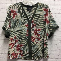 W5 Womens Blouse Green Red Floral Print Short Sleeve V Neck Sheer Pullover M - £12.24 GBP