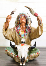 Indian Tribal Chief With Headdress Roach And Bull Skull Ritual Ceremony Figurine - £37.55 GBP