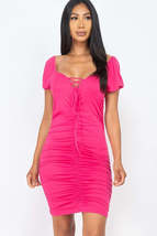 Fuchsia Front Lace Up V Neck Short Sleeve Bodycon Ruched Party Clubwear ... - £15.18 GBP