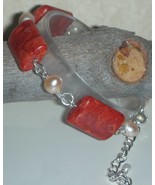Genuine Natural Red Spongy Coral and FW Pearls Bracelet - £15.97 GBP