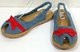 JANIE and JACK Girls Sz 11 Denim Peep Toe Sandals Jean Slingbacks Red Ribbon Bow - £28.71 GBP