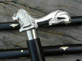 Brass Lion Style Head Silver Handle Black Victorian Wooden Walking Stick Cane - £26.89 GBP