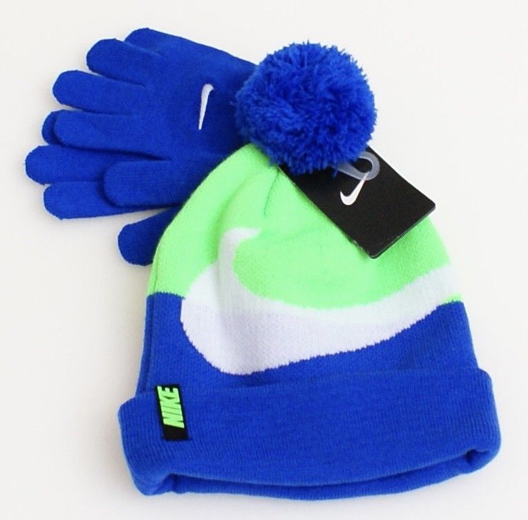 Nike Blue & Green Knit Cuff Pom Pom Beanie & Stretch Gloves Youth Boy's 8-20 NWT - £23.48 GBP
