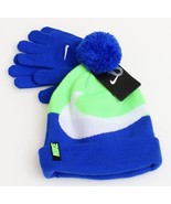 Nike Blue &amp; Green Knit Cuff Pom Pom Beanie &amp; Stretch Gloves Youth Boy&#39;s ... - £23.73 GBP