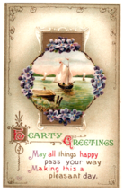 Postcard Embossed Happy Christmas Hearty Greeting 1911 Sailboats Near Dock Water - £5.50 GBP