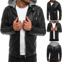 Men&#39;s Motorcycle Brando Style Biker Real Leather Hoodie Jacket - Detach ... - £54.52 GBP+