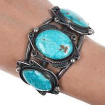 6 3/8&quot; Vintage Native American silver cuff bracelet with 3 large turquoise - $450.45